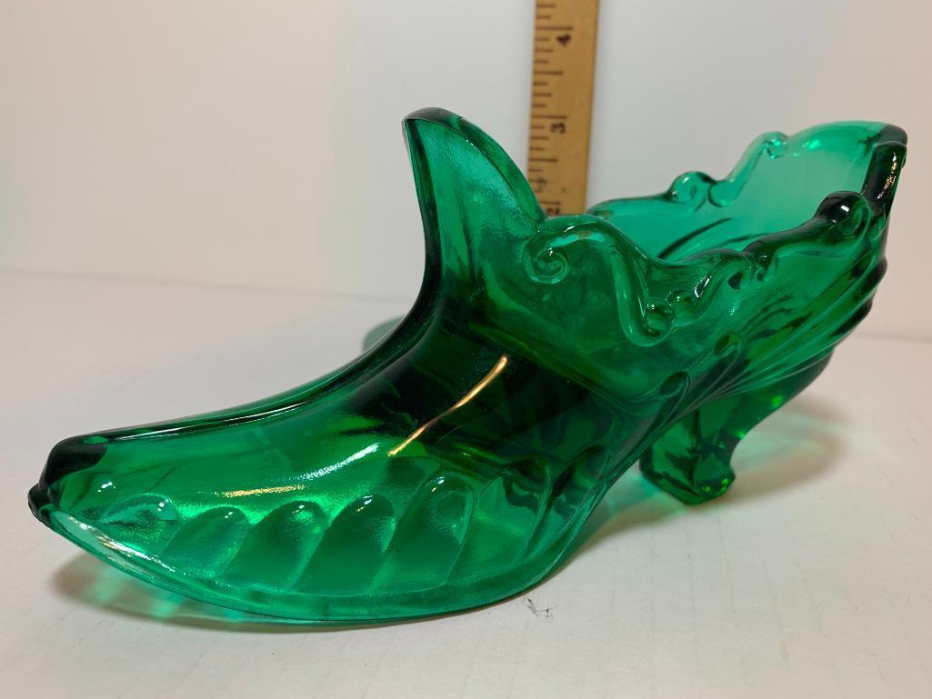 Fenton Green Glass Shoe. This Item is 7" Long