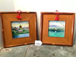 Nice Set of Bamboo Framed And Painted Japanese Ceramic Tiles