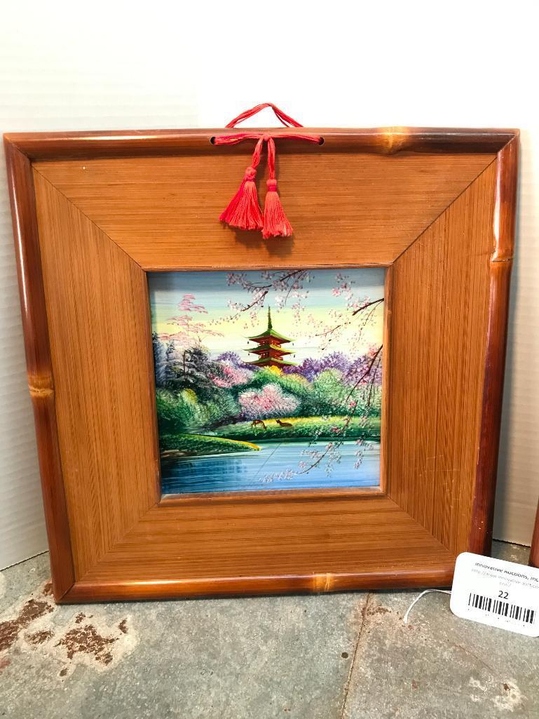 Nice Set of Bamboo Framed And Painted Japanese Ceramic Tiles