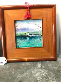 Nice Set of Bamboo Framed And Painted Japanese Ceramic Tiles