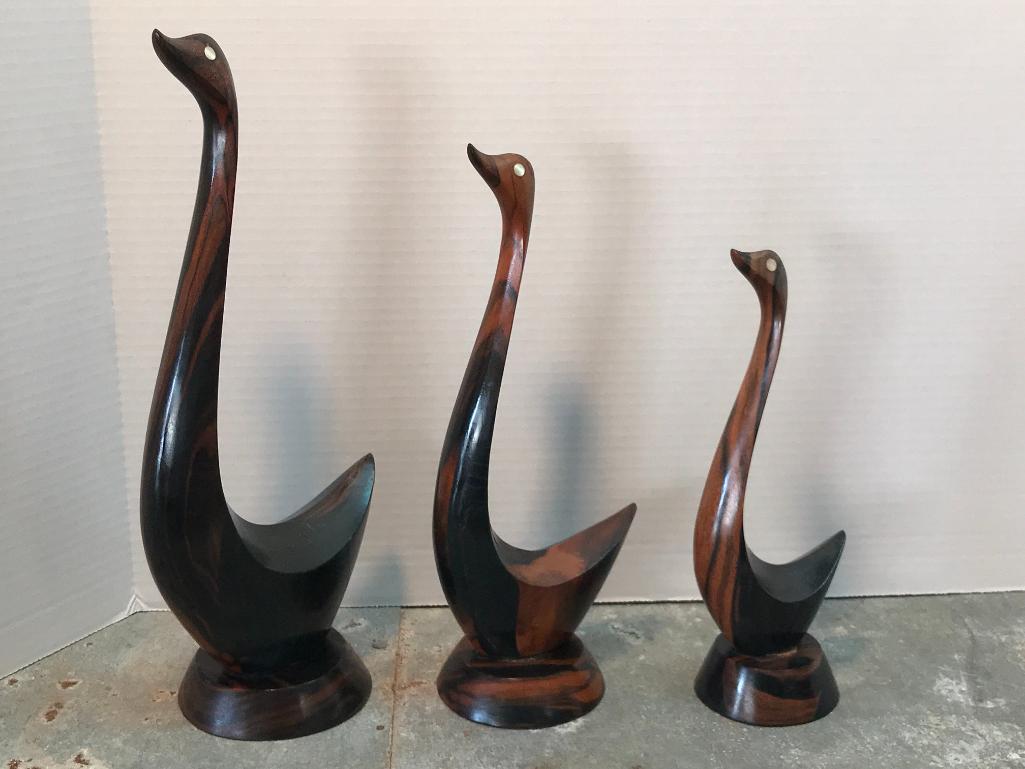 Set of Three Wooden Geese Carvings