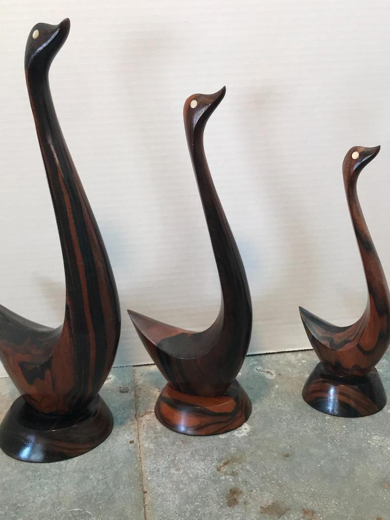 Set of Three Wooden Geese Carvings