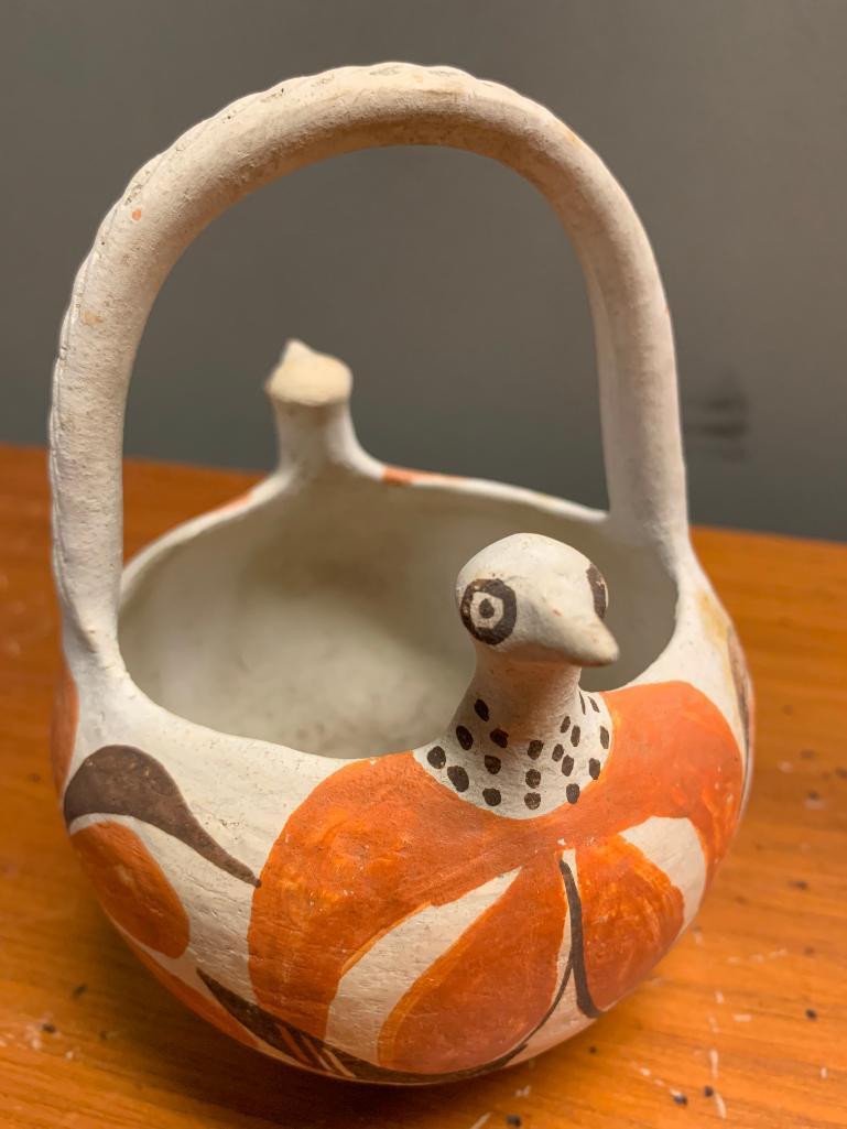 Polychrome Pottery Basket with Bird Accents, 6" Tall