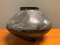 Black on Black, Native American Pottery Vessel, 6" Tall and Just Under 9" Center Diameter