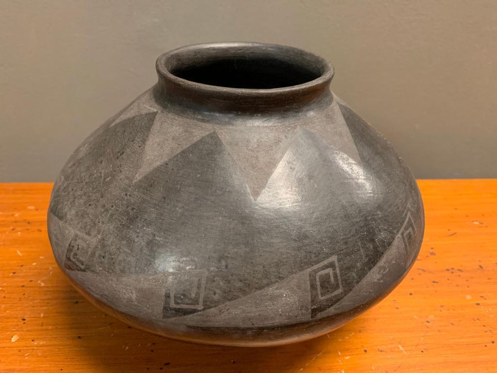 Black on Black, Native American Pottery Vessel, 6" Tall and Just Under 9" Center Diameter