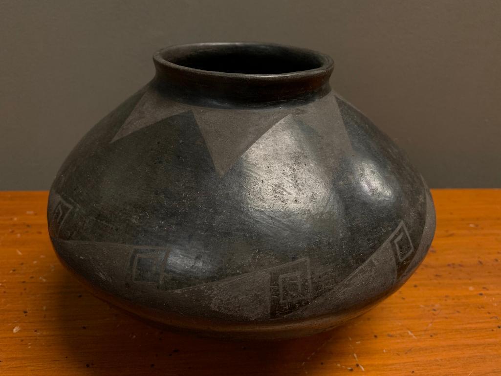 Black on Black, Native American Pottery Vessel, 6" Tall and Just Under 9" Center Diameter