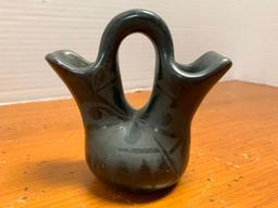 Black on Black, Native American Pottery, Wedding Vase by Alice Vigil, Tesuque, 4" Tall