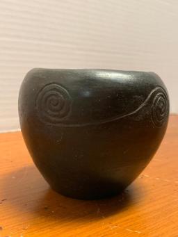 Black, Native American Pottery Bowl/Vessel by Cora Arch Wahnetah, Signed on the Bottom and has Chip