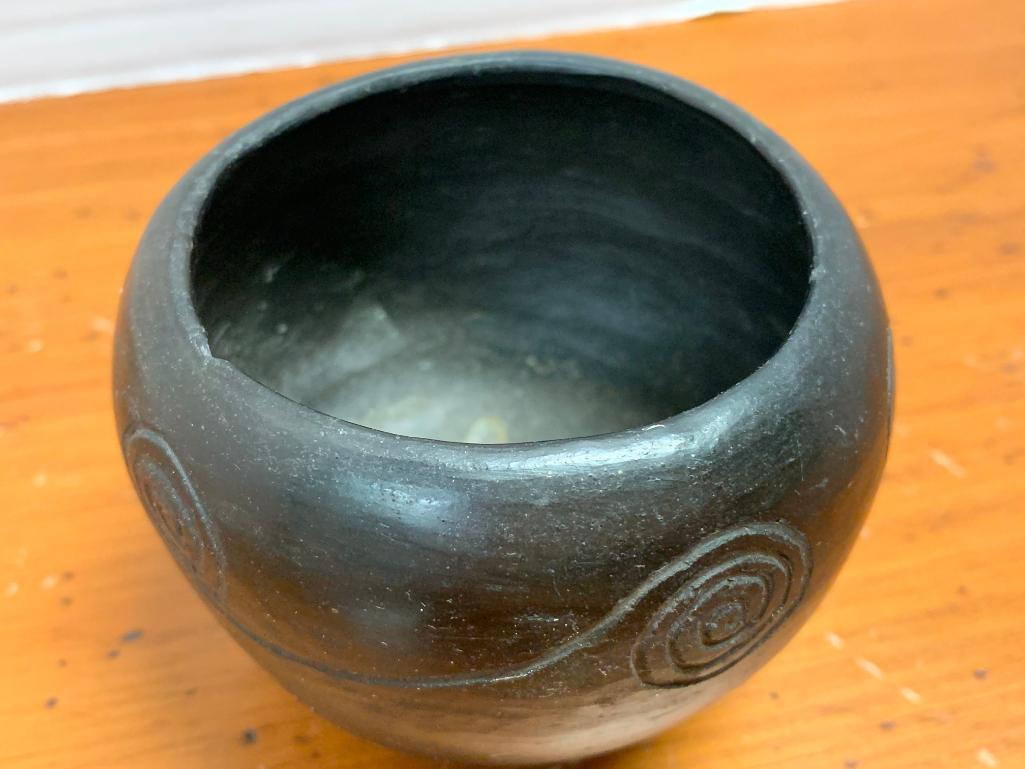 Black, Native American Pottery Bowl/Vessel by Cora Arch Wahnetah, Signed on the Bottom and has Chip
