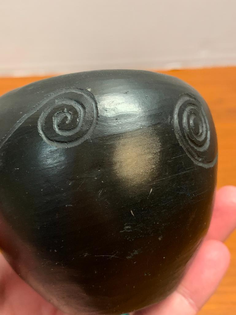 Black, Native American Pottery Bowl/Vessel by Cora Arch Wahnetah, Signed on the Bottom and has Chip