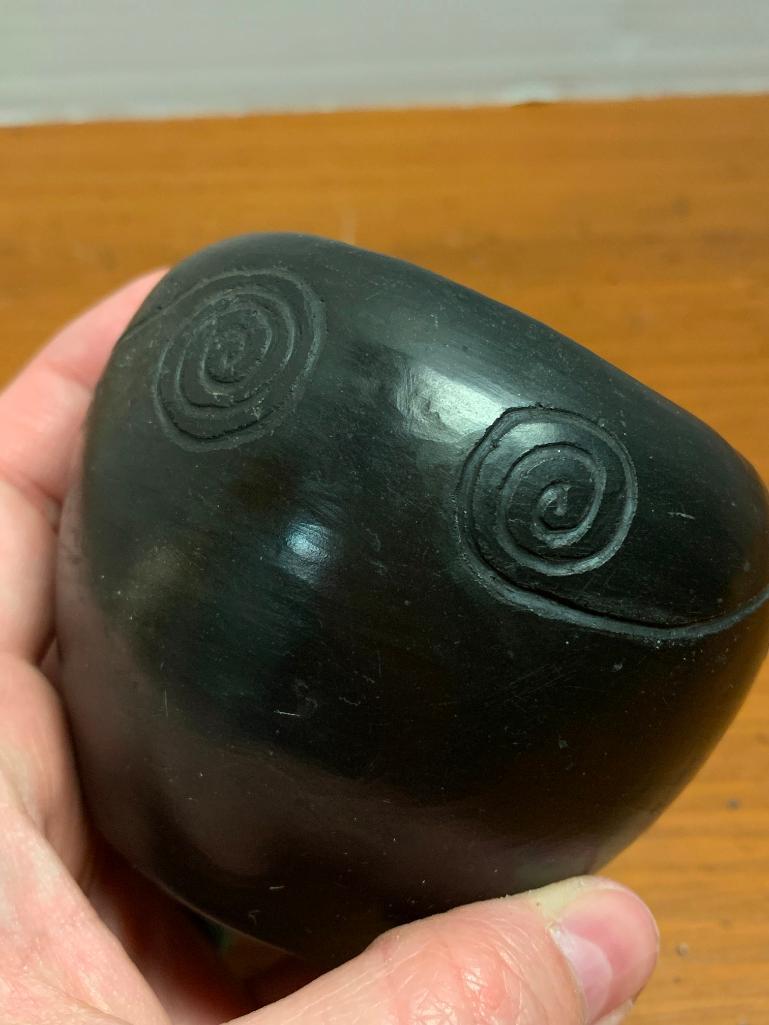 Black, Native American Pottery Bowl/Vessel by Cora Arch Wahnetah, Signed on the Bottom and has Chip