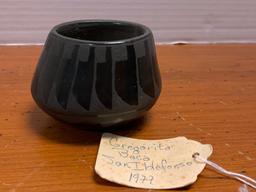 Black on Black, Native American Pottery Vase by Gregorita Baca, San Ildefonso, 1977, 2 1/2" Tall and