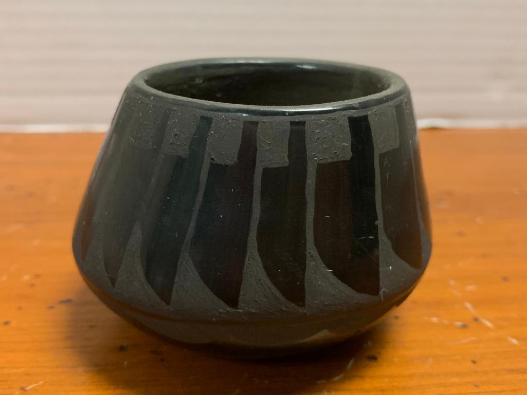 Black on Black, Native American Pottery Vase by Gregorita Baca, San Ildefonso, 1977, 2 1/2" Tall and