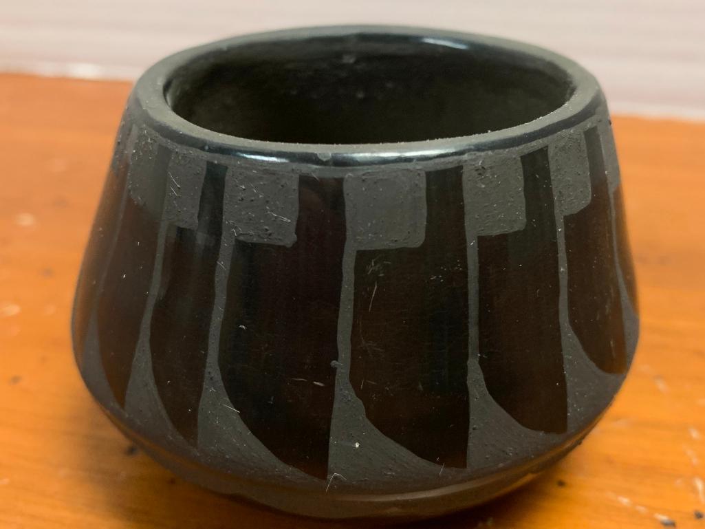 Black on Black, Native American Pottery Vase by Gregorita Baca, San Ildefonso, 1977, 2 1/2" Tall and