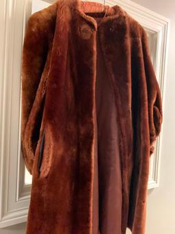 Brown Fur Coat with Southwest Style Accents. This Item is Ripped Around The Collar - As Pictured