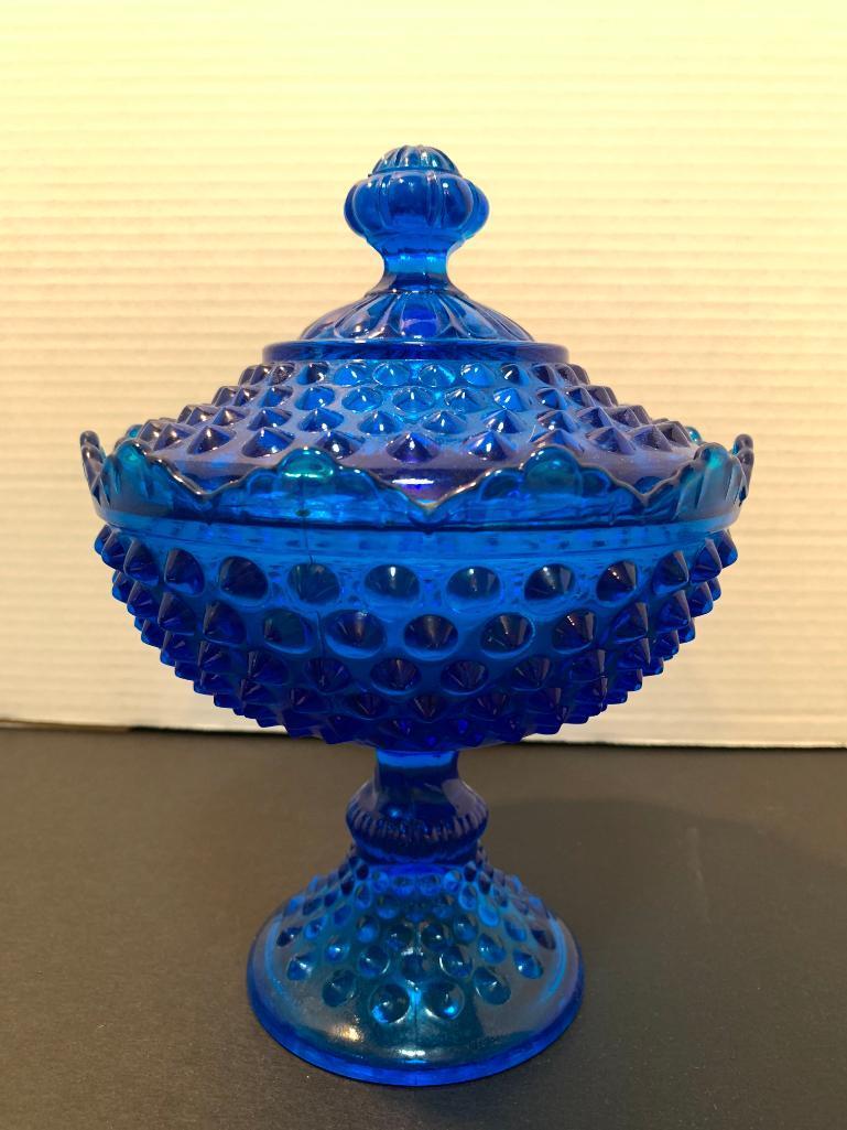 Blue Glass Hob Nail Raised Candy Dish, 9" Tall