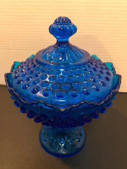 Blue Glass Hob Nail Raised Candy Dish, 9" Tall