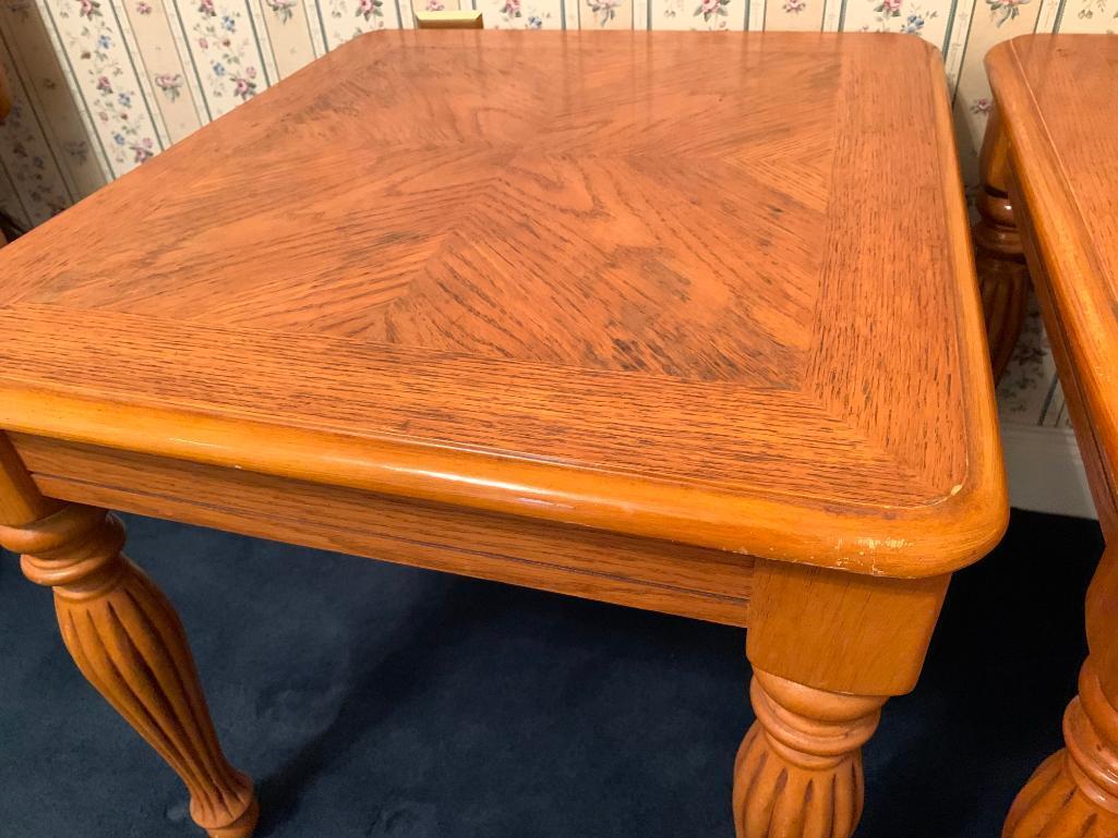 Two Oak End Tables, Tops are 22" by 25", Edge Wear and Scratches