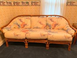 Rattan Sofa with Floral Accented Cushions, Clean but Left Arm Little Wear
