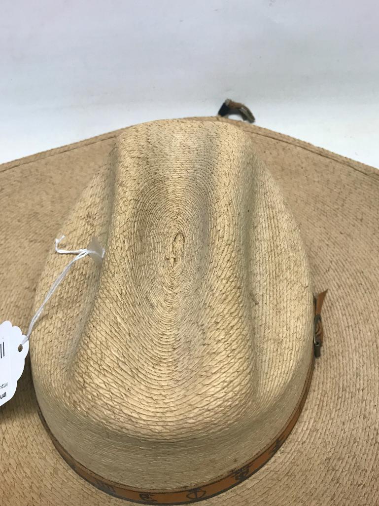 One Straw Sombrero with Detailed Leather Band Made in Mexico- As Pictured