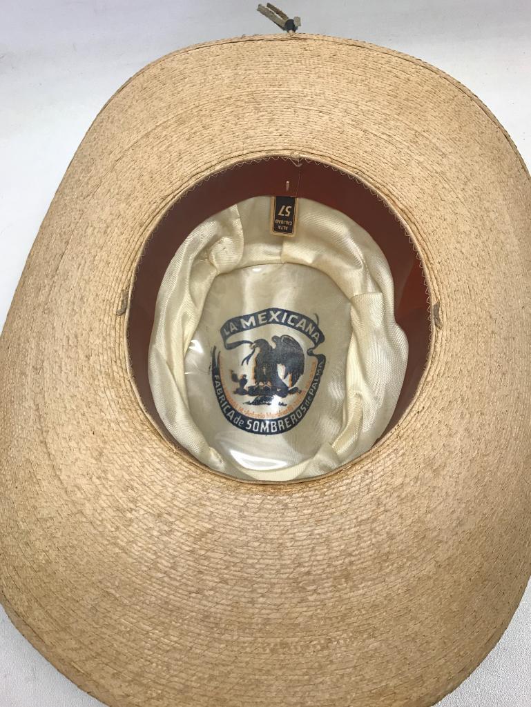 One Straw Sombrero with Detailed Leather Band Made in Mexico- As Pictured