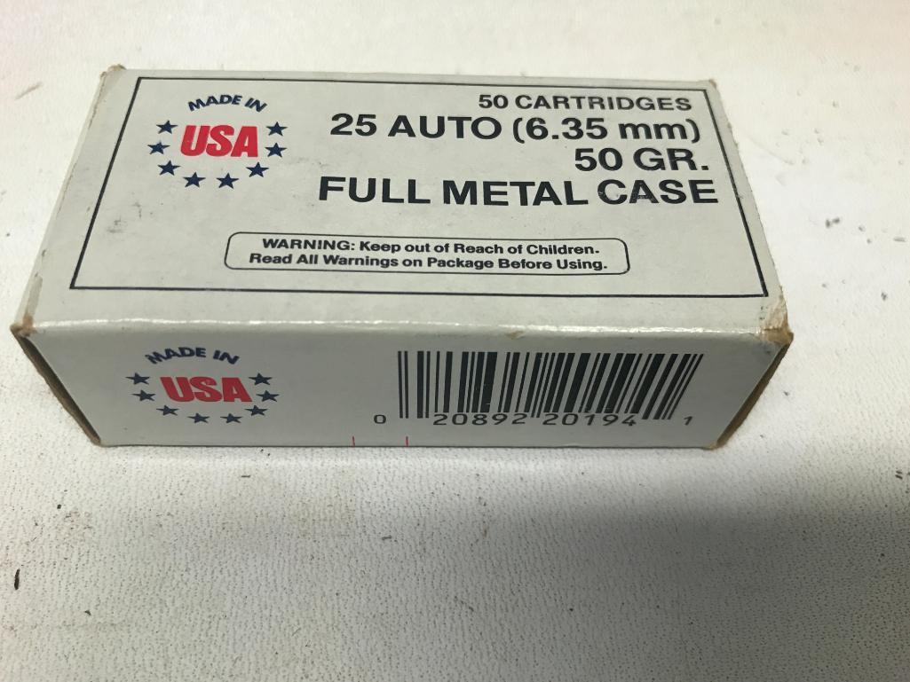 One Box of Winchester 25 Auto (6.35 mm) Ammunition. Box of 50 - As Pictured