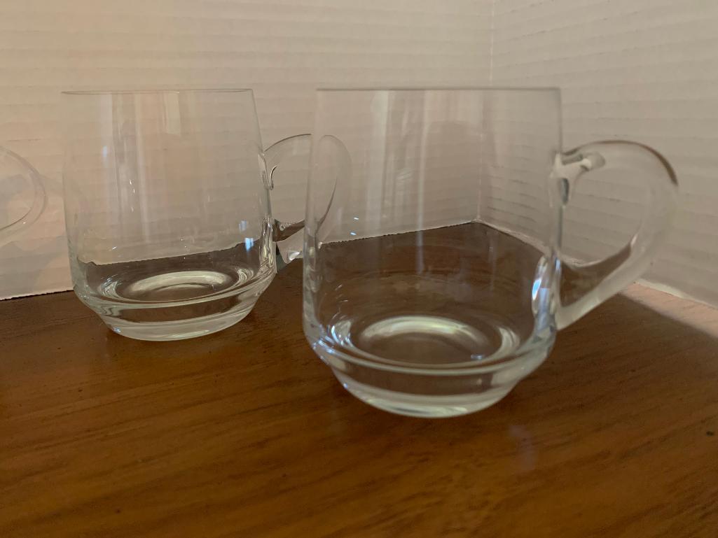 Applied Handled Glass Pitcher and 6 Mugs, Pitcher 9" Tall