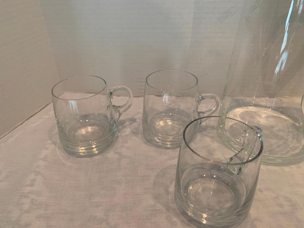 Applied Handled Glass Pitcher and 6 Mugs, Pitcher 9" Tall