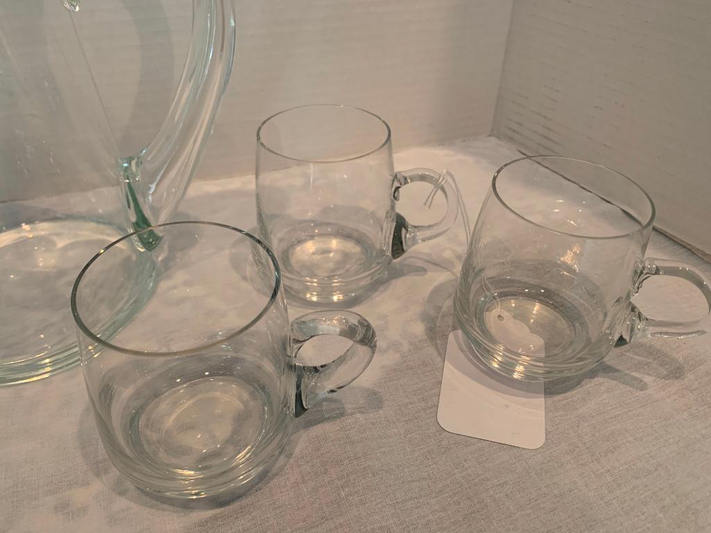 Applied Handled Glass Pitcher and 6 Mugs, Pitcher 9" Tall