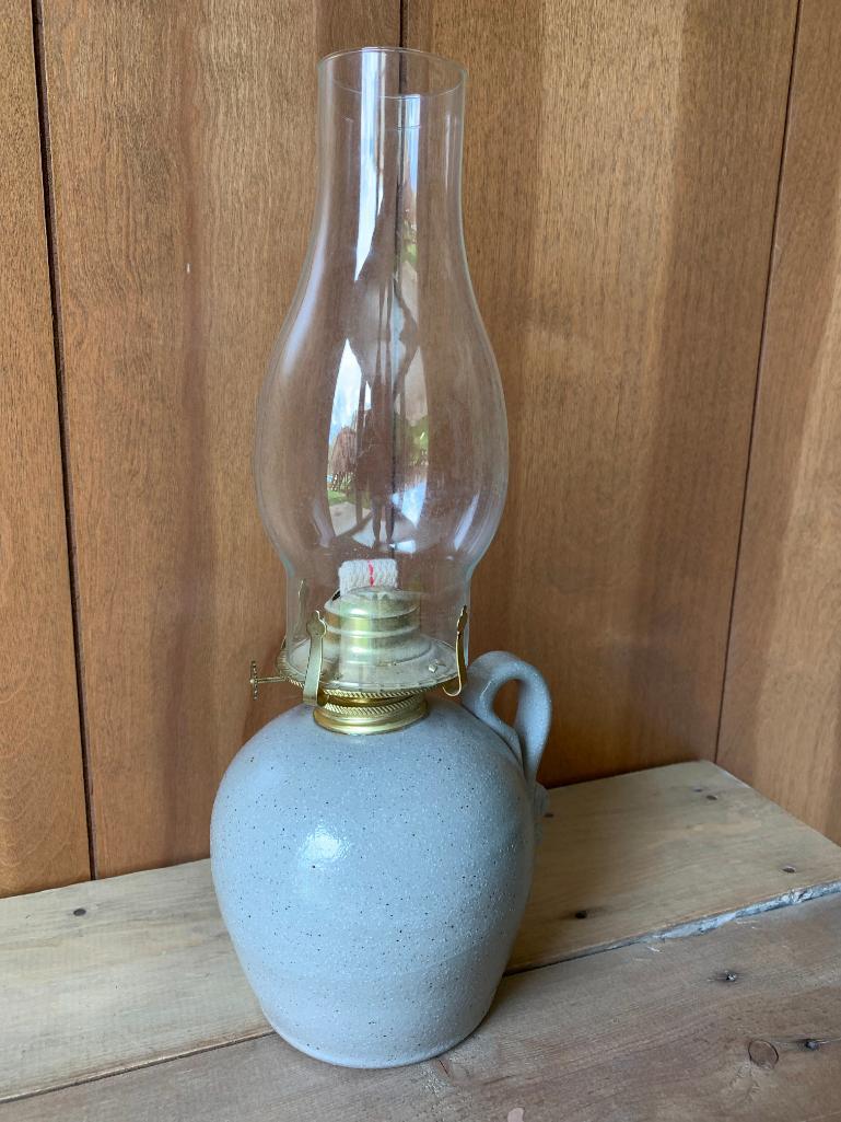 Salmon Falls Stoneware Pottery Oil Lamp. This is Approx. 15" Tall