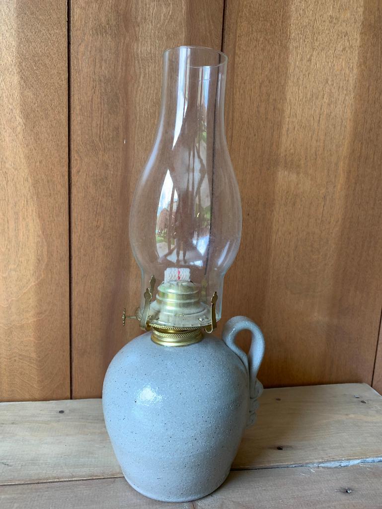 Salmon Falls Stoneware Pottery Oil Lamp. This is Approx. 15" Tall