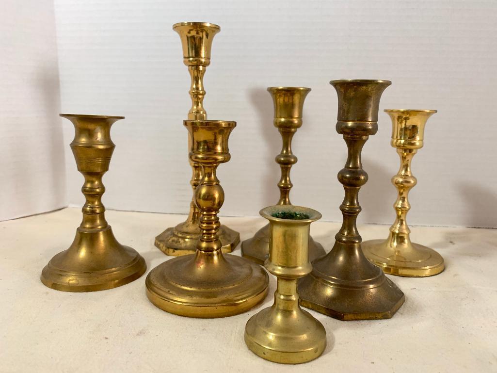 Lot of Brass & Copper Candlestick Holders. The Tallest is 7.5" and Needs Cleaning - As Pictured