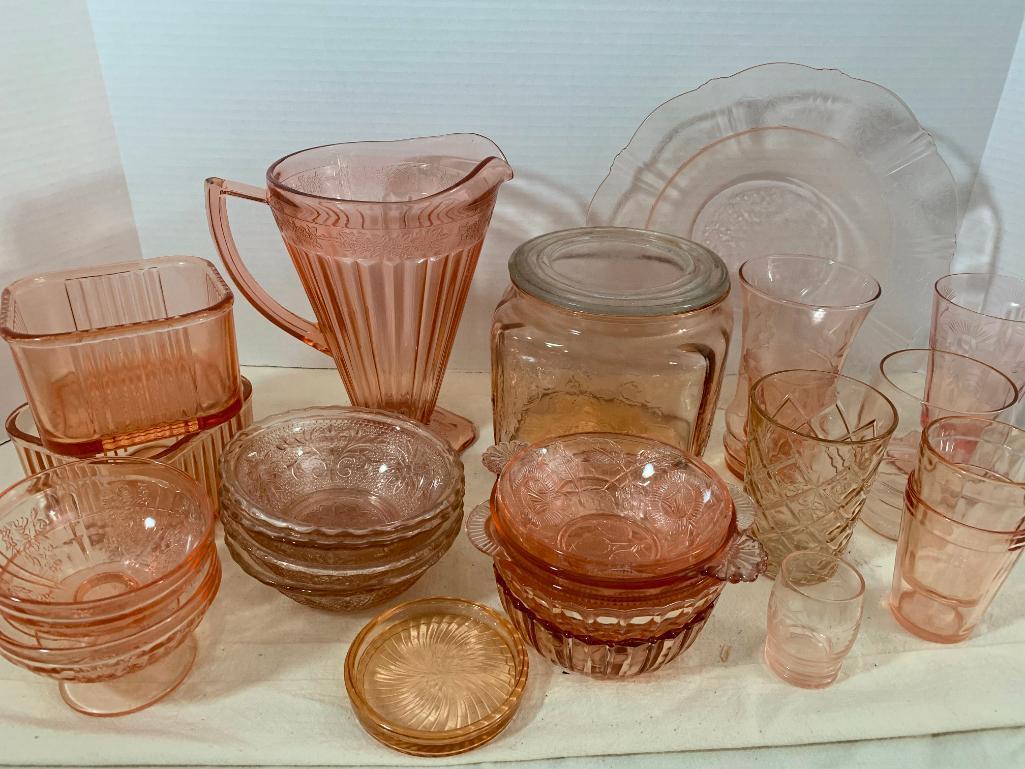 Large Lot of Pink Depression Glass Bowls, Pitcher, Glasses, Plates, Etc - As Pictured