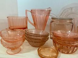 Large Lot of Pink Depression Glass Bowls, Pitcher, Glasses, Plates, Etc - As Pictured