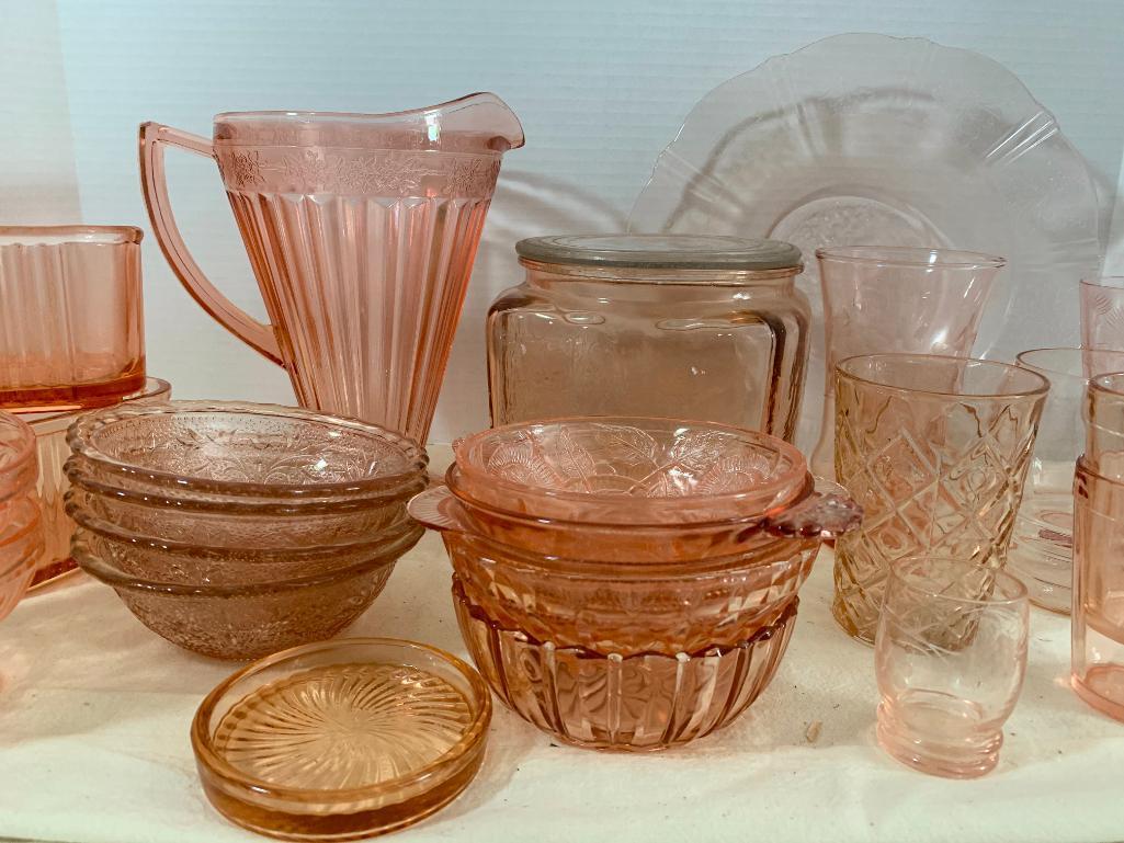 Large Lot of Pink Depression Glass Bowls, Pitcher, Glasses, Plates, Etc - As Pictured