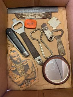 Misc Lot of Mr T Air Freshner, Bottle Openers, Pocket Knife and More. - As Pictured