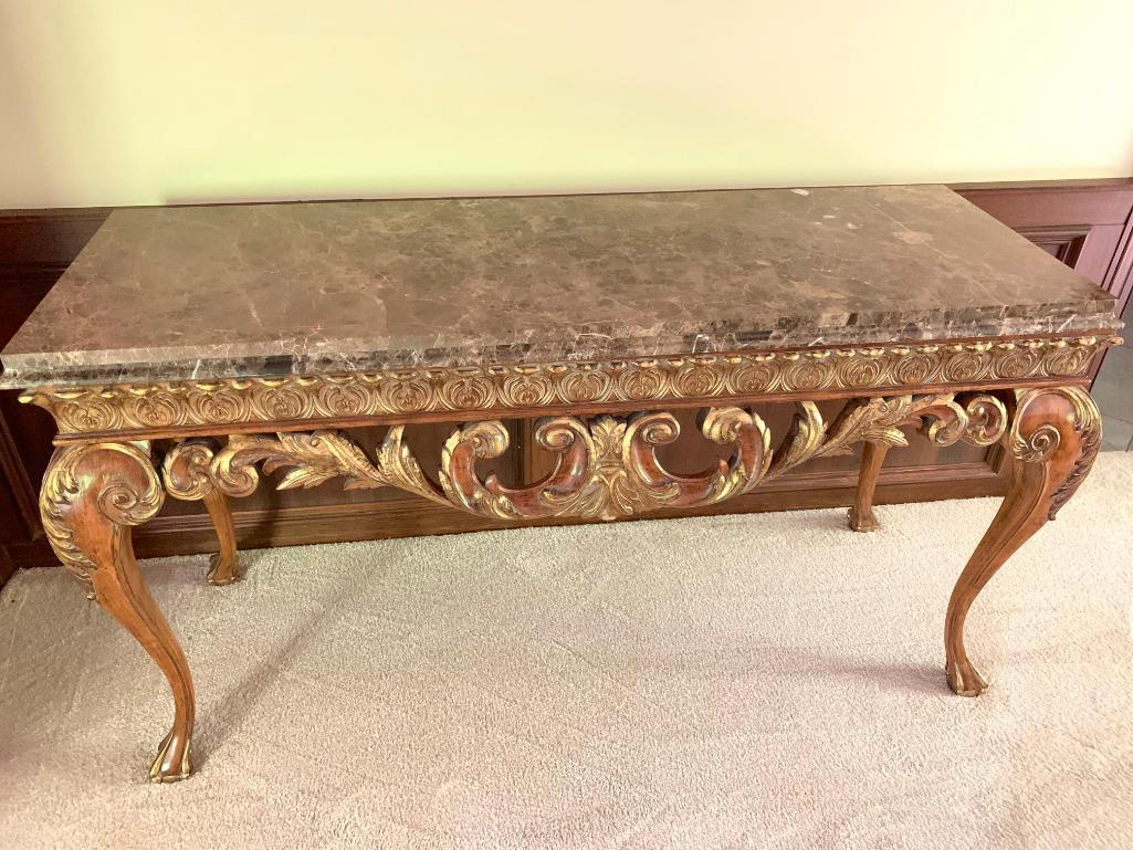 Ornate Wood and Marble Top Sofa Table. This is 33" Tall x 59.5" Wide x 22" Deep - As Pictured