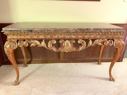 Ornate Wood and Marble Top Sofa Table. This is 33" Tall x 59.5" Wide x 22" Deep - As Pictured