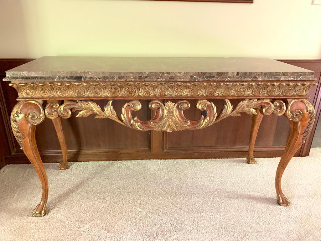 Ornate Wood and Marble Top Sofa Table. This is 33" Tall x 59.5" Wide x 22" Deep - As Pictured