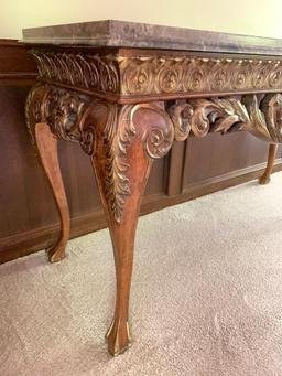 Ornate Wood and Marble Top Sofa Table. This is 33" Tall x 59.5" Wide x 22" Deep - As Pictured