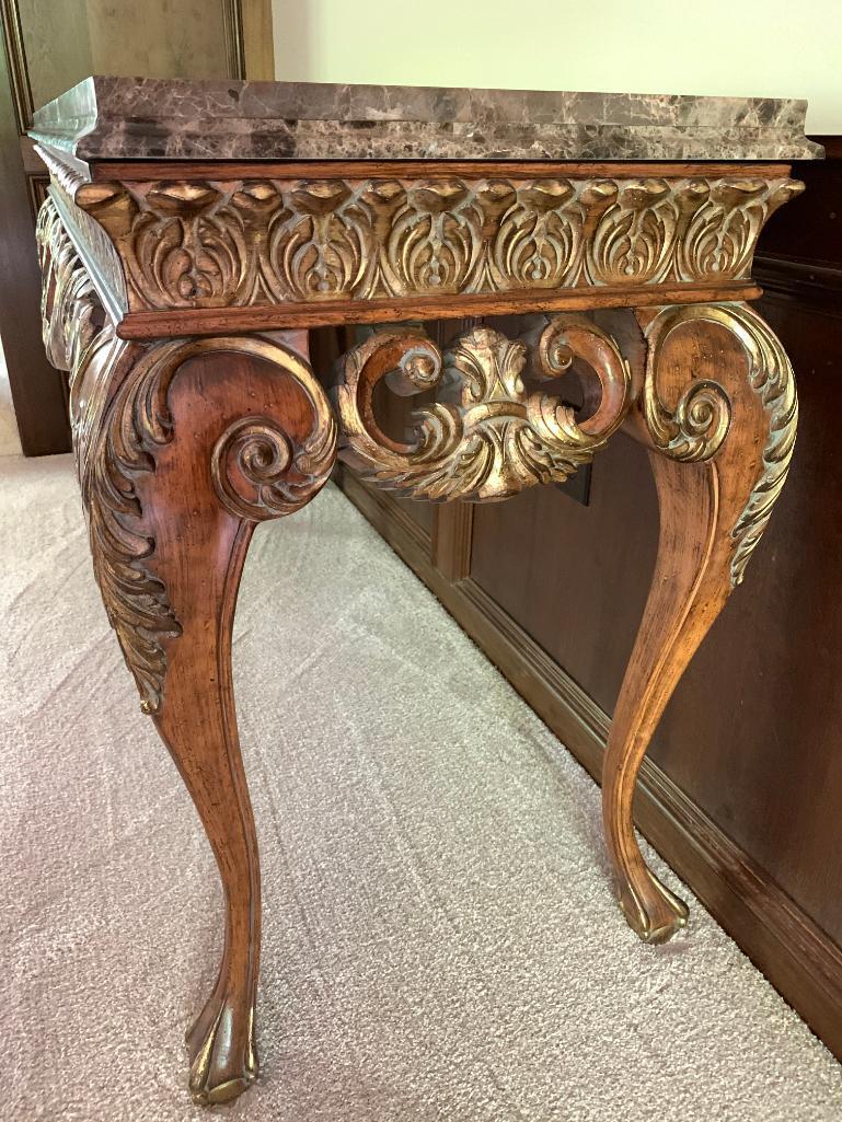 Ornate Wood and Marble Top Sofa Table. This is 33" Tall x 59.5" Wide x 22" Deep - As Pictured