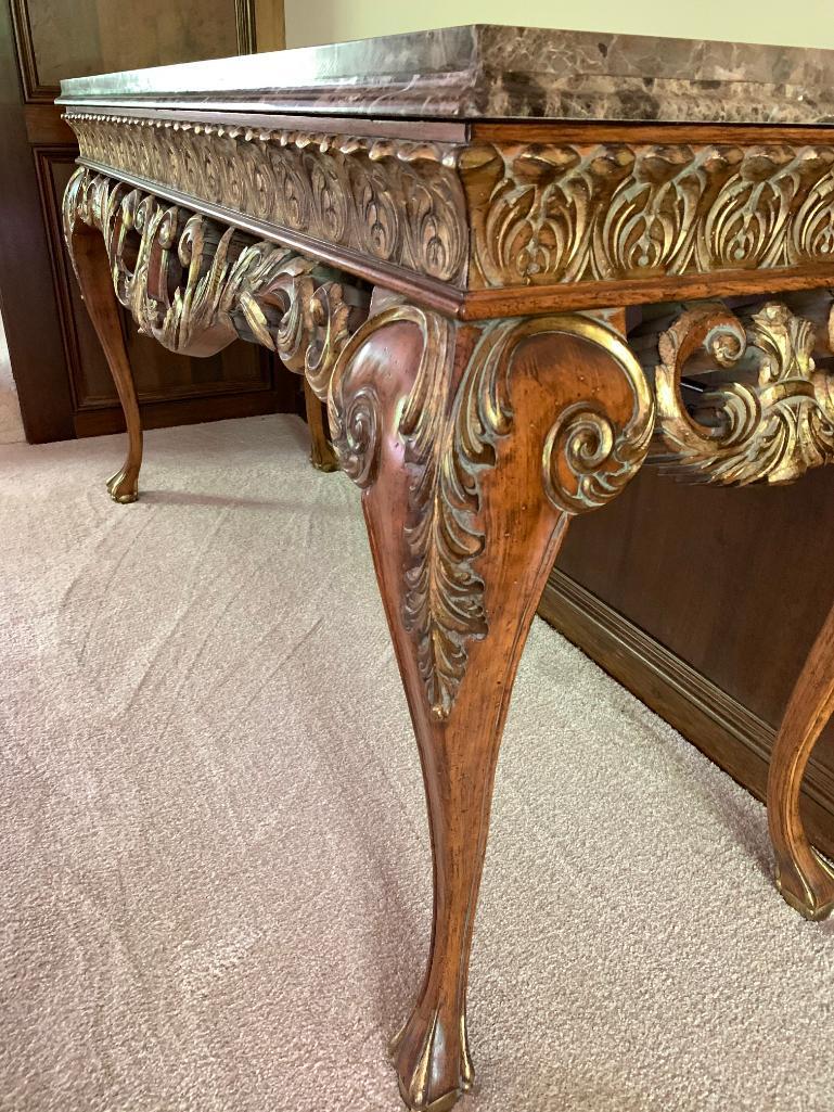 Ornate Wood and Marble Top Sofa Table. This is 33" Tall x 59.5" Wide x 22" Deep - As Pictured