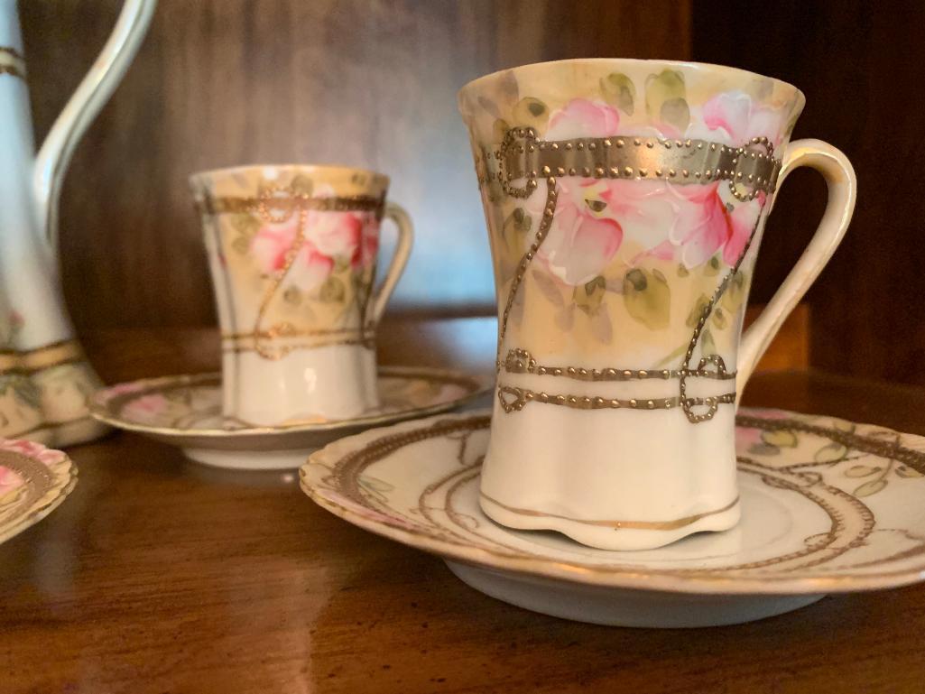 Hand Painted China Tea Set w/Pitcher and 5 Cups and Saucers - As Pictured