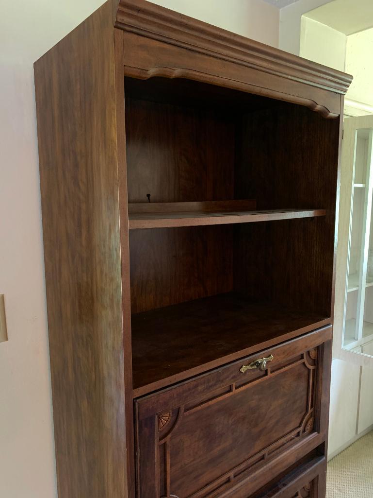 Press Board Bookcase w/Writing Desk. This is 73" tall x 30" Wide x 17" Deep - As Pictured