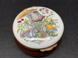 Crummles & Co Handpainted Enamel Porcelain Trinket Box w/Mushroom Design. Made in England