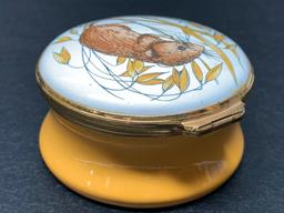 Crummles & Co Handpainted Enamel Porcelain Trinket Box w/Field Mouse Design. Made in England