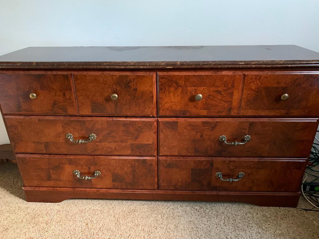 Wood 6 Drawer Dresser w/Faux Marble Top. Has Large Scratch on Top. This is 30" T x 58" W x16" D