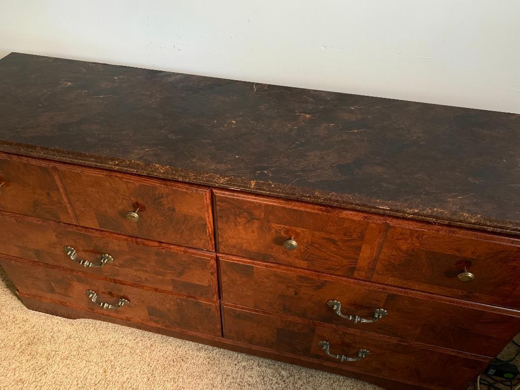 Wood 6 Drawer Dresser w/Faux Marble Top. Has Large Scratch on Top. This is 30" T x 58" W x16" D
