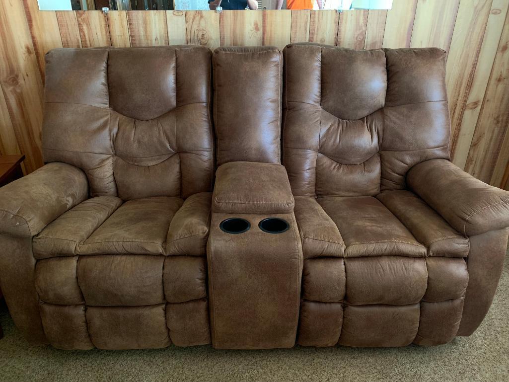 Oversized Faux Leather Double Recliner w/Cup Holders. This is 42" T x 78" L x 33" D - As Pictured.