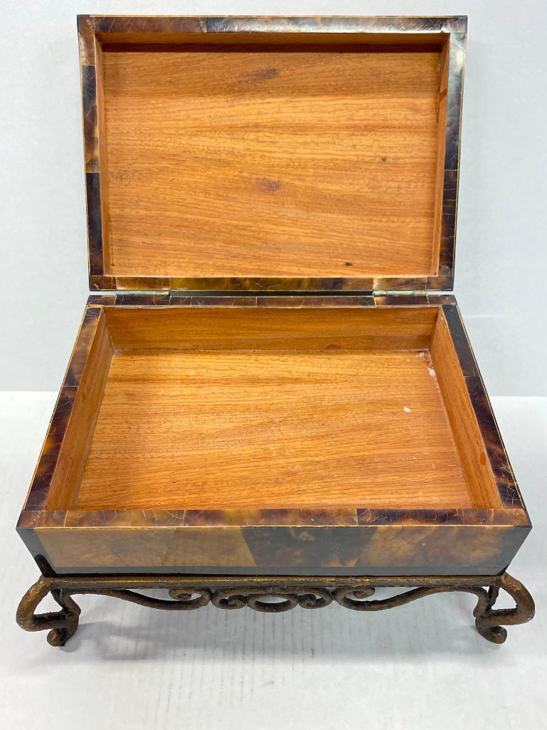 Wood Inlay Jewelry Box w/Metal Stand . This is 6.5" T x 12" W - As Pictured